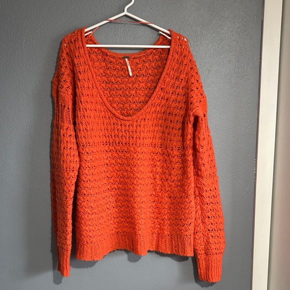 Free People Bright Orange Open-Knit Scoop Neck Sweater - Picture 3 of 7